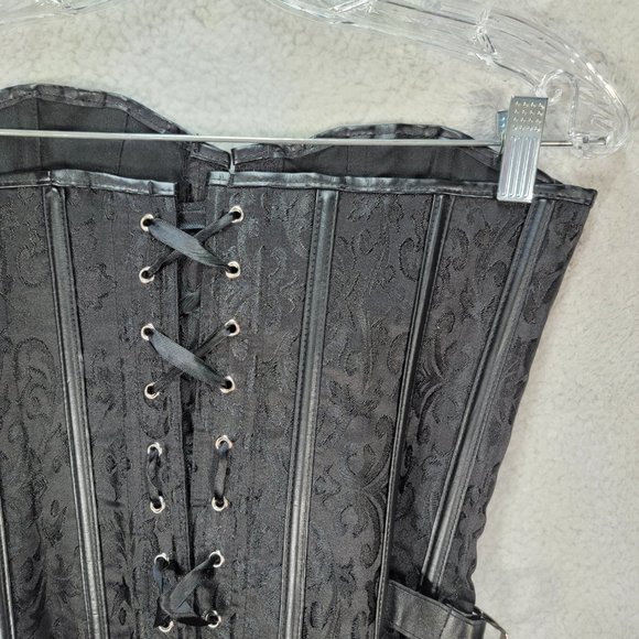 Black Floral Satin Gothic Strapless Steampunk Buckle Lace Up Sexy Bustier Corset - Picture 11 of 15